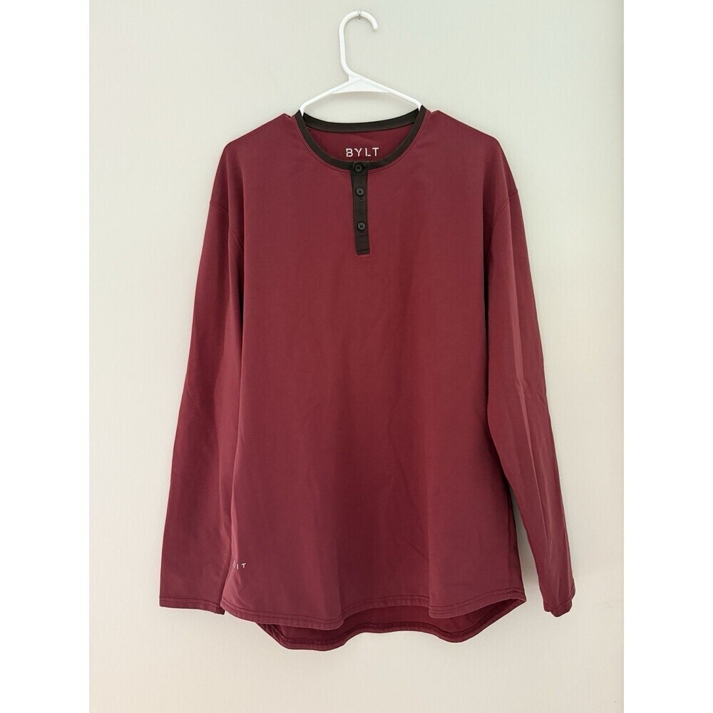 BYLT Mens Maroon Drop Cut Henley Performance Curve Hem Athleisure Shirt Sz XL